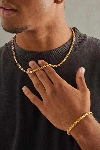 2-piece luxury set: 18K gold-plated 316L steel necklace & bracelet, elegant braided design